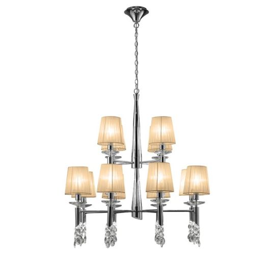 Mantra Tiffany Pendant 2 Tier 12+12 Light E14+G9 Polished Chrome With Soft Bronze Shades & Clear Crystal