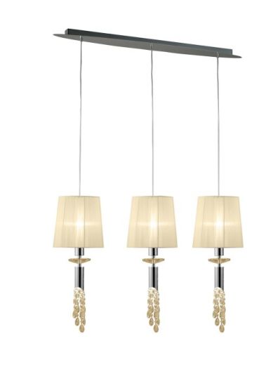 Mantra Tiffany Linear Pendant 3+3 Light E27+G9 Line Polished Chrome With Cream Shades & Clear Crystal