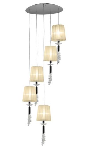 Mantra Tiffany Pendant 5+5 Light E27+G9 Spiral Polished Chrome With Cream Shades & Clear Crystal