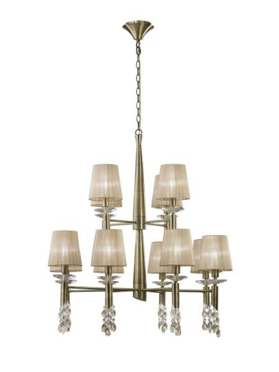 Mantra Tiffany Pendant 2 Tier 12+12 Light E14+G9 Antique Brass With Soft Bronze Shades & Clear Crystal