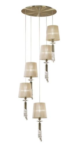 Mantra Tiffany Pendant 5+5 Light E27+G9 Spiral Antique Brass With Soft Bronze Shades & Clear Crystal