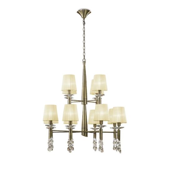 Mantra Tiffany Pendant 2 Tier 12+12 Light E14+G9 Antique Brass With Cream Shades & Clear Crystal