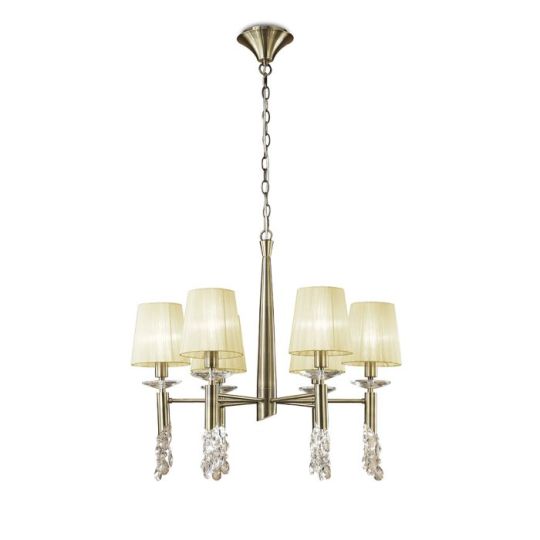 Mantra Tiffany Pendant 6+6 Light E14+G9 Antique Brass With Cream Shades & Clear Crystal