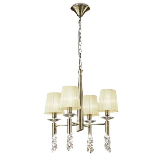 Mantra Tiffany Pendant 4+4 Light E14+G9 Antique Brass With Cream Shades & Clear Crystal