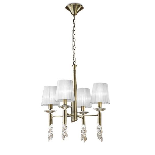 Mantra Tiffany Pendant 4+4 Light E14+G9 Antique Brass With White Shades & Clear Crystal