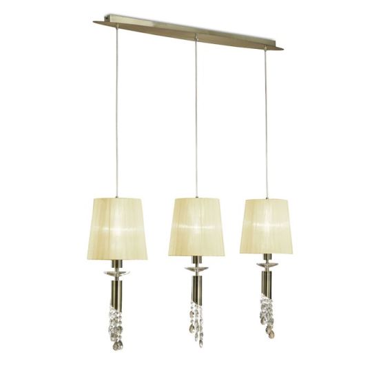 Mantra Tiffany Linear Pendant 3+3 Light E27+G9 Line Antique Brass With Cream Shades & Clear Crystal