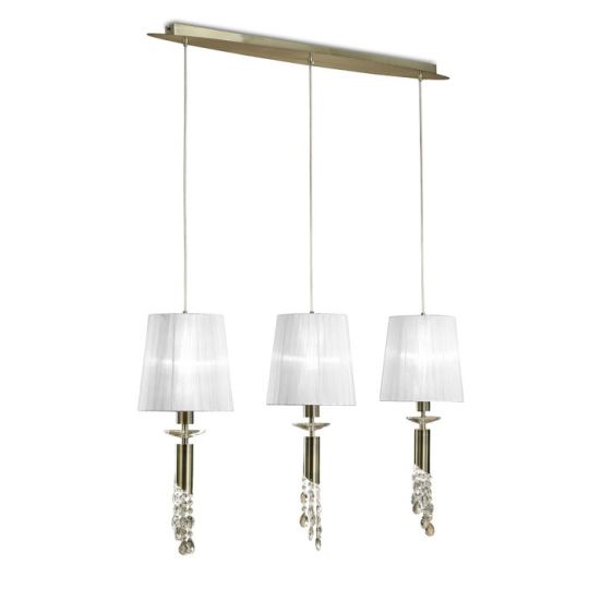 Mantra Tiffany Linear Pendant 3+3 Light E27+G9 Line Antique Brass With White Shades & Clear Crystal
