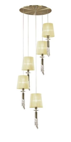 Mantra Tiffany Pendant 5+5 Light E27+G9 Spiral Antique Brass With Cream Shades & Clear Crystal