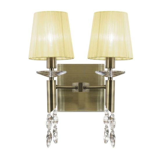 Mantra Tiffany Wall Lamp Switched 2+2 Light E14+G9 Antique Brass With Cream Shades & Clear Crystal