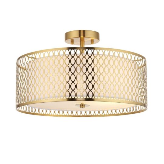 Cordero 3 Light Flush in Gold Effect Plate, White Fabric Finish & Frosted Glass Shade