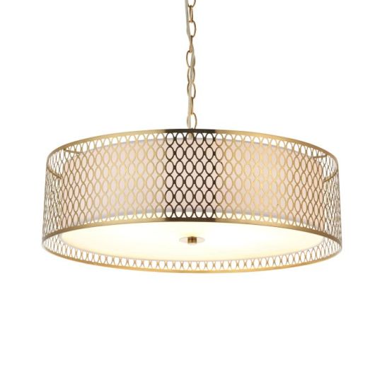Cordero 3 Light Pendant in Gold Effect Plate, White Fabric Finish & Frosted Glass Shade