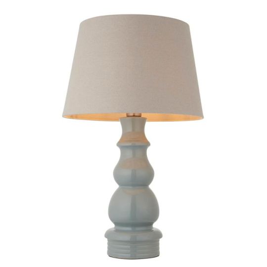 Provence & Cici Table Lamp in Blue Grey Glaze, Satin Nickel Plate & Grey Linen Fabric Shade