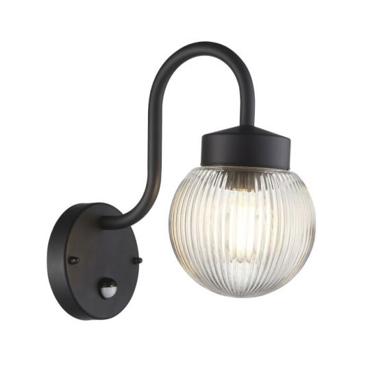 Eldon PIR Wall Light in Textured Black Finish & Clear Ribbed Glass Shade