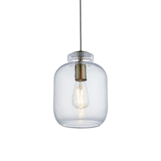 Lyra Pendant in Antique Brass Plate Finish & Clear Textured Glass Shade