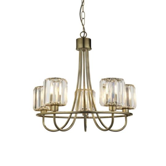 Berenice 5 Light Pendant in Antique Brass Plate & Clear Glass Shade
