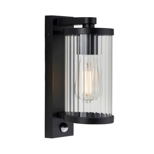 Newcombe PIR Wall Light in Matt Black & Clear Ribbed Glass Shade