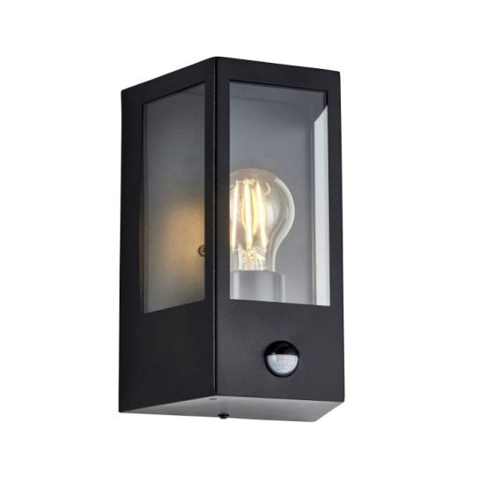 Huntington PIR Wall Light in Matt Black & Clear Glass Shade
