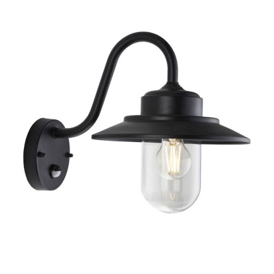 Thornton PIR Wall Light in Matt Black & Clear Glass Shade