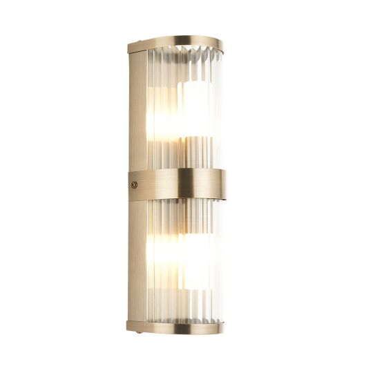 Endon Ridgeton IP44 2lt Wall in Antique Brass Plate & Clear Ribbed Glass