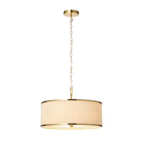 Endon Lexi 3lt Pendant in Ivory Fabric, Brushed Aged Brass & Frosted Glass