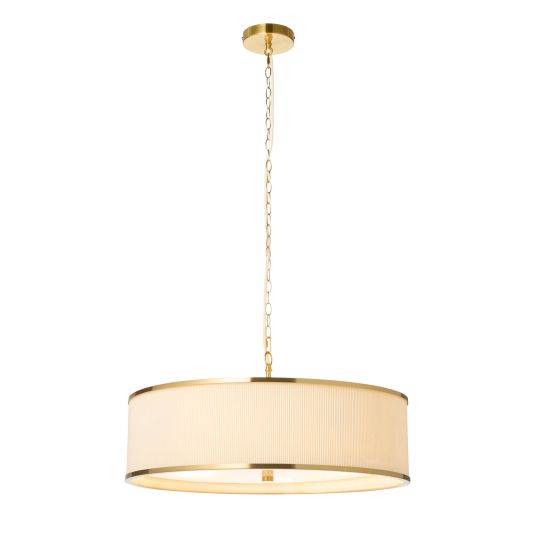 Endon Lexi 5lt Pendant in Ivory Fabric, Brushed Aged Brass & Frosted Glass