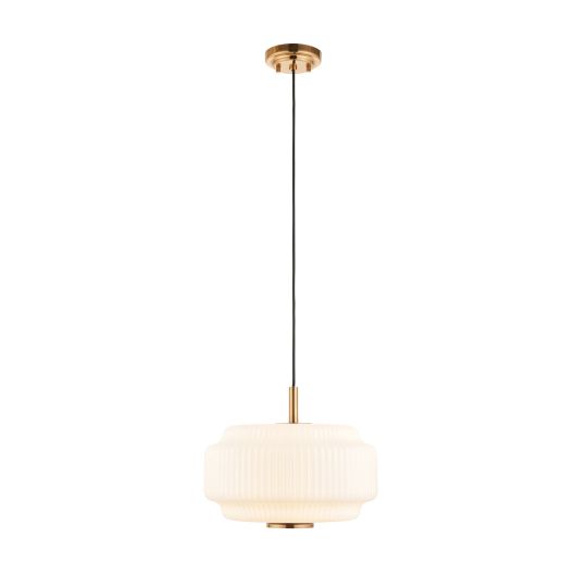 Endon Evora Pendant in Brushed Aged Brass Plate & Opal Ribbed Glass Single, 340mm