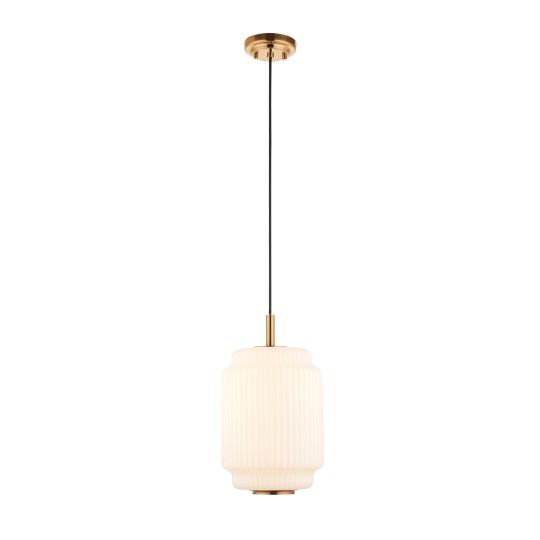 Endon Evora Pendant in Brushed Aged Brass Plate & Opal Ribbed Glass Single, 220mm