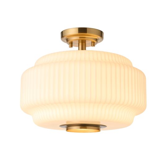 Endon Evora Flush in Brushed Aged Brass Plate & Opal Ribbed Glass