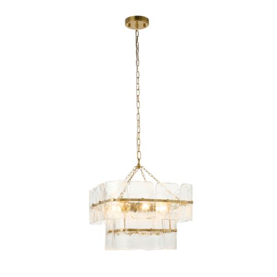 Endon Venice 4lt Pendant in Brushed Aged Brass Plate & Clear Handmade Textured Glass