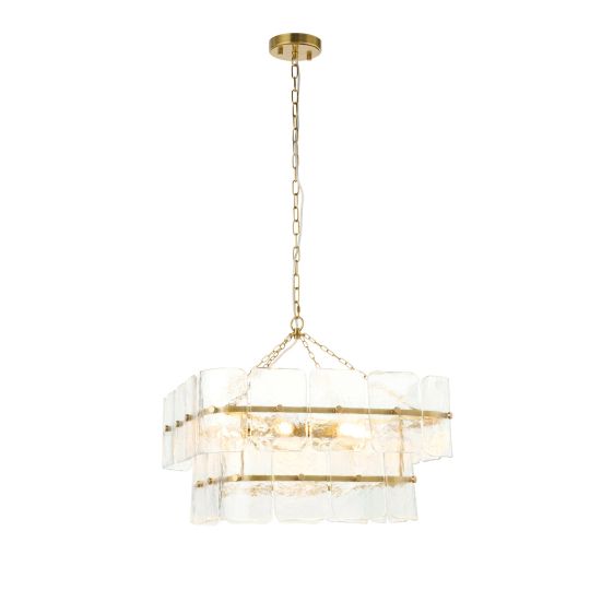 Endon Venice 6lt Pendant in Brushed Aged Brass Plate & Clear Handmade Textured Glass