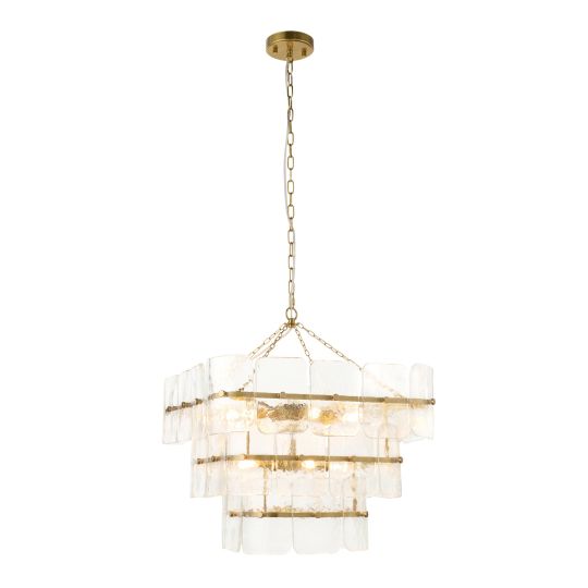 Endon Venice 10lt Pendant in Brushed Aged Brass Plate & Clear Handmade Textured Glass