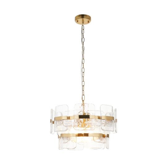 Endon Ancara 3lt Pendant in Brushed Aged Brass Plate & Clear Handmade Textured Glass