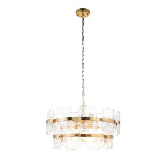 Endon Ancara 6lt Pendant in Brushed Aged Brass Plate & Clear Handmade Textured Glass