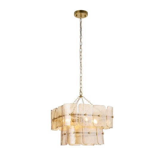 Endon Venice 4lt Pendant in Brushed Aged Brass Plate & Champagne Handmade Textured Glass