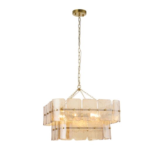 Endon Venice 6lt Pendant in Brushed Aged Brass Plate & Champagne Handmade Textured Glass