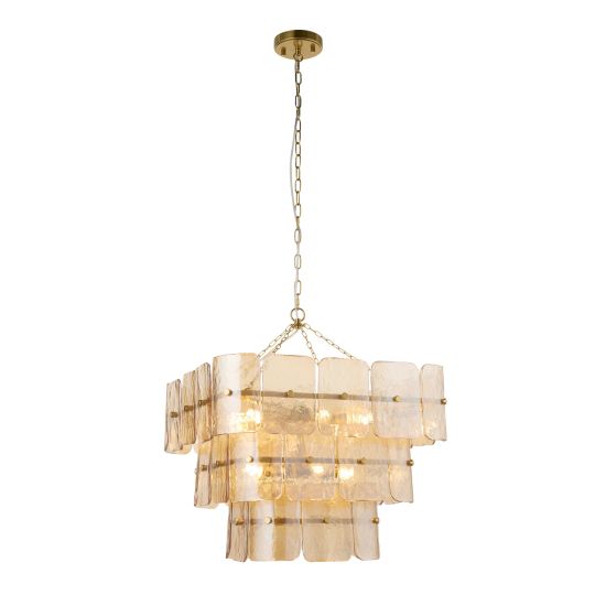 Endon Venice 10lt Pendant in Brushed Aged Brass Plate & Champagne Handmade Textured Glass