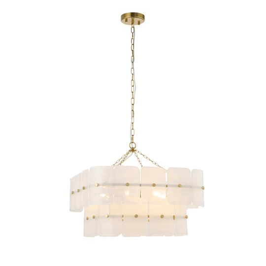 Endon Venice 6lt Pendant in Brushed Aged Brass Plate & White Handmade Textured Glass