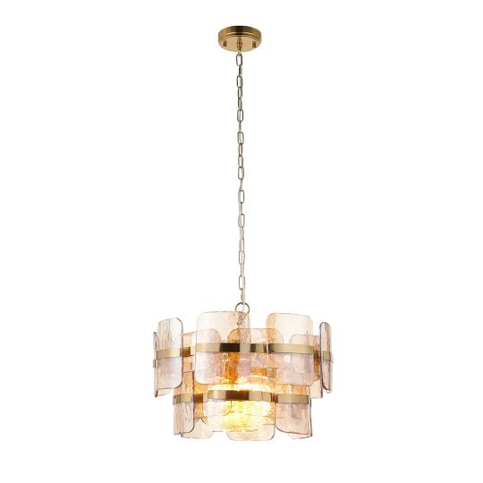 Endon Ancara 3lt Pendant in Brushed Aged Brass Plate & Champagne Handmade Textured Glass