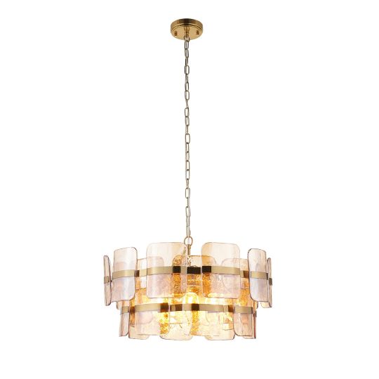 Endon Ancara 6lt Pendant in Brushed Aged Brass Plate & Champagne Handmade Textured Glass