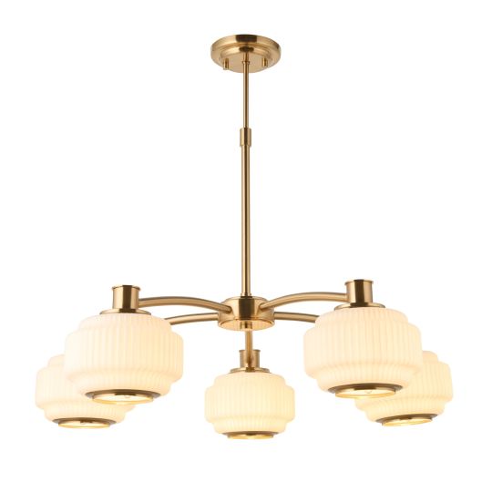 Endon Evora 5lt Pendant in Brushed Aged Brass Plate & Opal Ribbed Glass