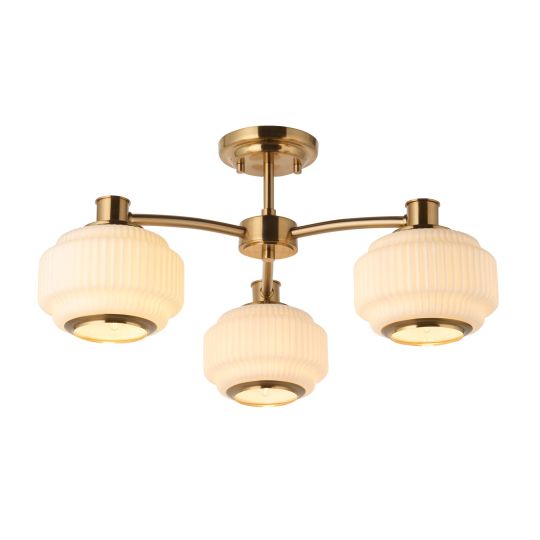 Endon Evora 3lt Semi Flush in Brushed Aged Brass Plate & Opal Ribbed Glass
