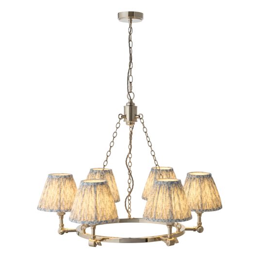 Endon Arabella & Leaf 6lt Pendant in Bright Nickel Plate & Shell Bay Blue Fabric