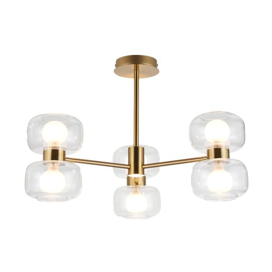 Endon Rossano 6lt Semi Flush in Warm Brass Plate & Clear/Frosted Glass