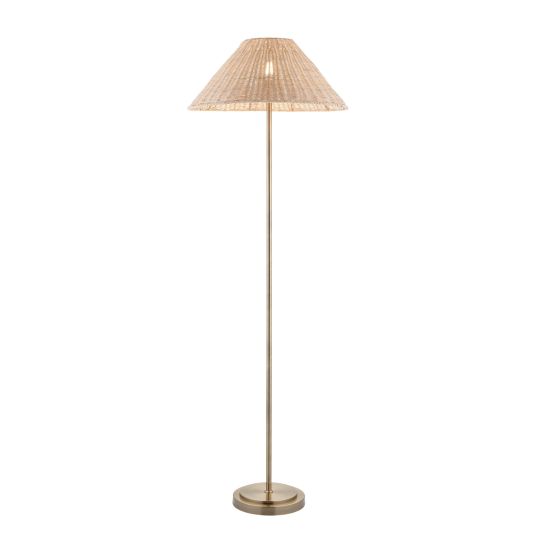 Endon Arlo & Rattan 52cm Floor in Antique Brass Plate & Natural Rattan