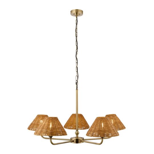 Endon Jericho 5lt Pendant in Antique Brass Plate & Dark Rattan