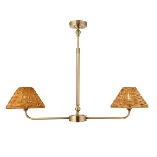Endon Jericho 2lt Linear Pendant in Antique Brass Plate & Dark Rattan