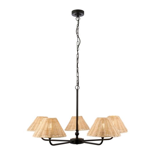 Endon Jericho 5lt Pendant in Matt Black & Natural Rattan