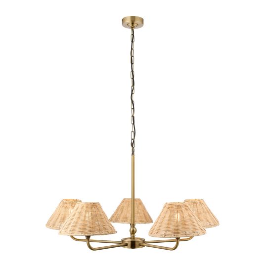 Endon Jericho 5lt Pendant in Antique Brass Plate & Natural Rattan