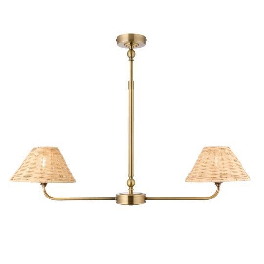 Endon Jericho 2lt Linear Pendant in Antique Brass Plate & Natural Rattan