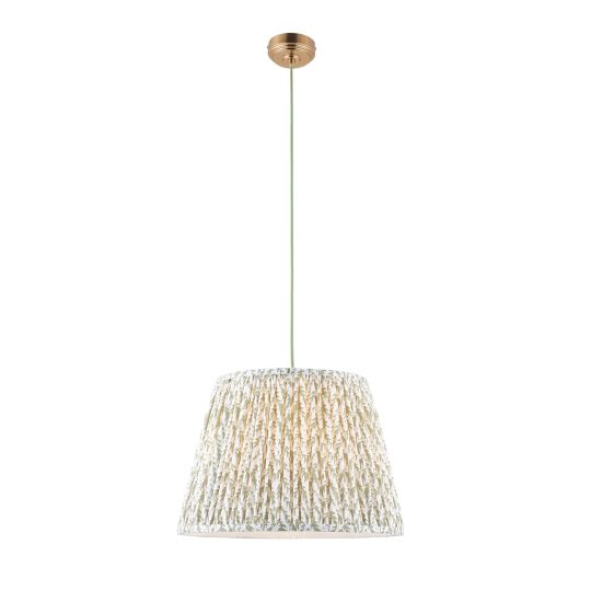 Endon Eltham & Leaf 40cm Pendant in Brushed Aged Brass Plate & Herb Garden Green Fabric